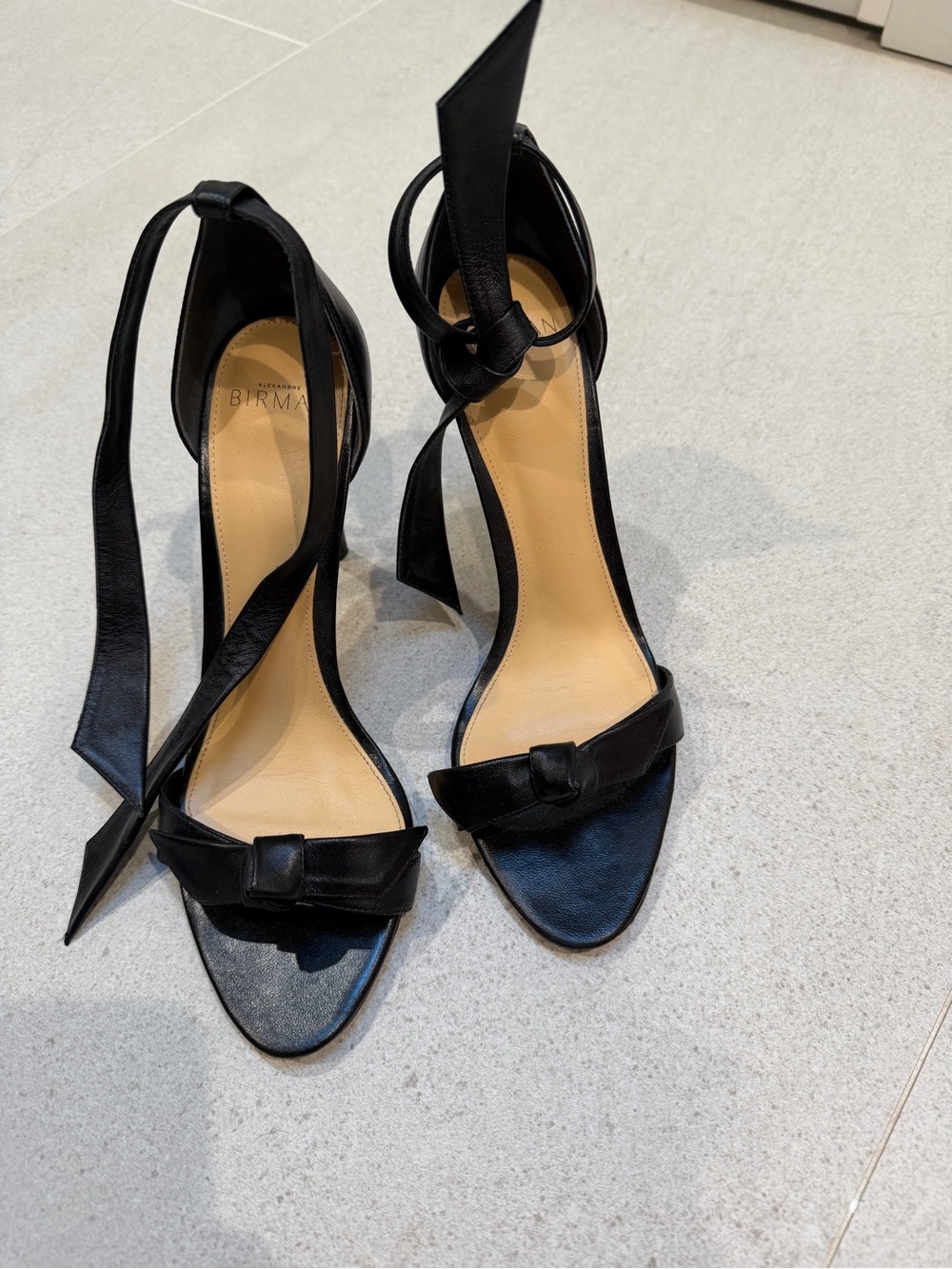 Alexandre Birman Black Leather Knot Ankle-Tie Heels
